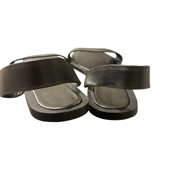 ZARA Black Leather Flat Sandals Size 38 Square Toe Minimalist Slingback - Picture 3 of 5